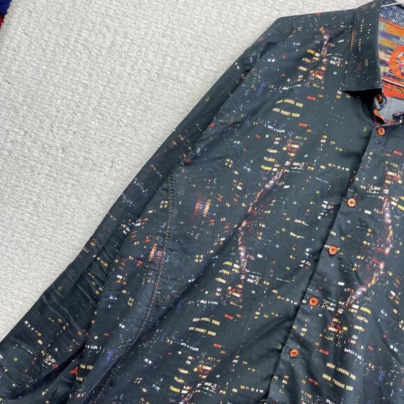 Au Noir Button Up shirt Men Sz 7 Black Colorful City Night Lights Landscape AOP - Picture 3 of 16